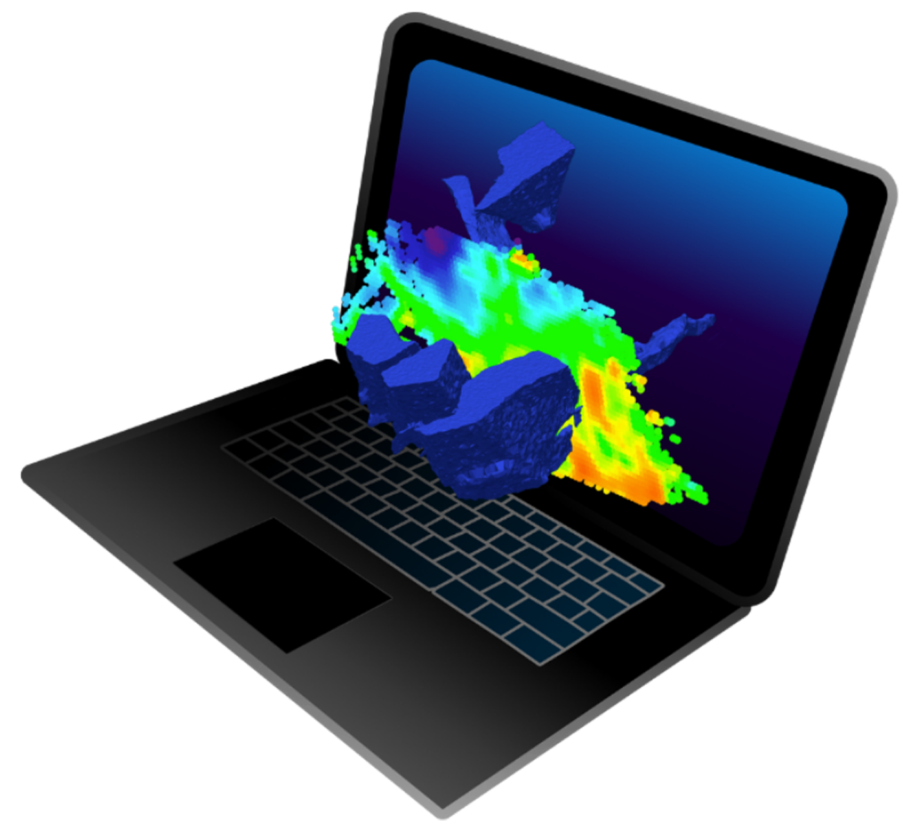 laptop screen with a pop-up hologram of an underground mine rock formation 3D model with seismic technology analyzing rock-mass conditions
