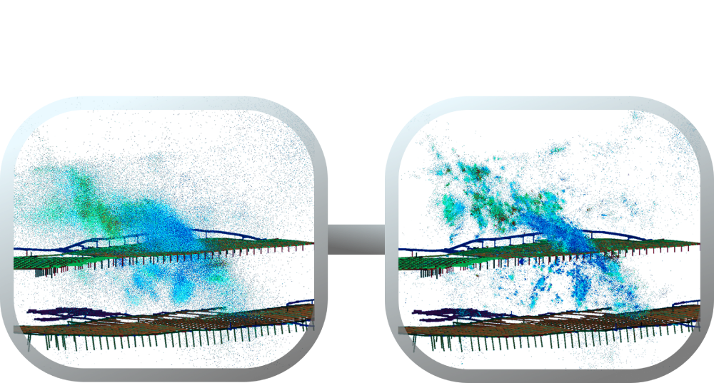 A pair of "seismic" glasses where the left side ("Without BEMIS") shows unclear event processing, while the right side ("With BEMIS") shows a much clearer event cluster in an underground mine model